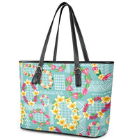 Hawaiian Leis Leather Tote Bag Kakau Tattoos and Palaka Pastel Teal Color LT03 - Polynesian Pride