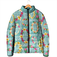 Hawaiian Leis Padded Jacket Kakau Tattoos and Palaka Pastel Teal Color LT03 - Polynesian Pride