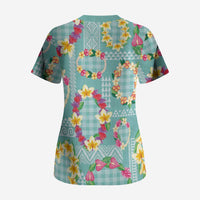 Hawaiian Leis Scrub Top Kakau Tattoos and Palaka Pastel Teal Color