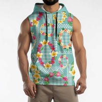 Hawaiian Leis Sleeveless Hoodie Kakau Tattoos and Palaka Pastel Teal Color LT03 - Polynesian Pride