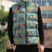 Hawaiian Leis Sleeveless Puffer Jacket Kakau Tattoos and Palaka Pastel Teal Color LT03 - Polynesian Pride