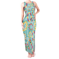 Hawaiian Leis Tank Maxi Dress Kakau Tattoos and Palaka Pastel Teal Color