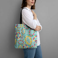 Hawaiian Leis Tote Bag Kakau Tattoos and Palaka Pastel Teal Color LT03 - Polynesian Pride