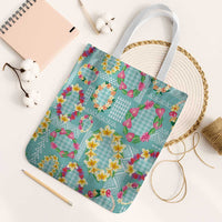 Hawaiian Leis Tote Bag Kakau Tattoos and Palaka Pastel Teal Color LT03 White Strap One Size Teal - Polynesian Pride