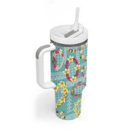 Hawaiian Leis Tumbler With Handle Kakau Tattoos and Palaka Pastel Teal Color LT03 - Polynesian Pride