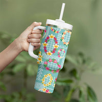 Hawaiian Leis Tumbler With Handle Kakau Tattoos and Palaka Pastel Teal Color LT03 - Polynesian Pride