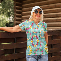 Hawaiian Leis Women Polo Shirt Kakau Tattoos and Palaka Pastel Teal Color