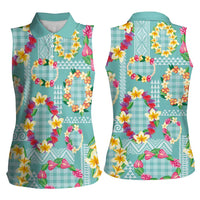 Hawaiian Leis Women Sleeveless Polo Shirt Kakau Tattoos and Palaka Pastel Teal Color