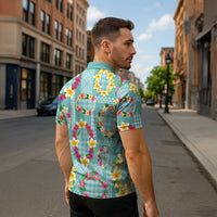 Hawaiian Leis Zipper Polo Shirt Kakau Tattoos and Palaka Pastel Teal Color LT03 - Polynesian Pride