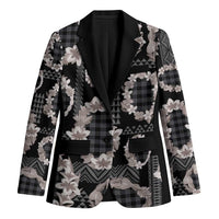 Hawaiian Leis Blazer Kakau Tattoos and Palaka Pastel Grayscale LT03 Unisex Black - Polynesian Pride