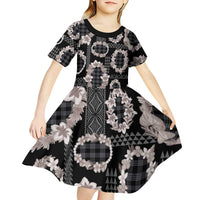 Hawaiian Leis Kid Short Sleeve Dress Kakau Tattoos and Palaka Pastel Grayscale LT03 - Polynesian Pride