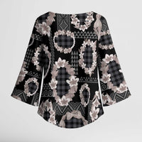 Hawaiian Leis Kimono Sleeve Blouse Kakau Tattoos and Palaka Pastel Grayscale LT03 - Polynesian Pride