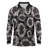 Hawaiian Leis Long Sleeve Polo Shirt Kakau Tattoos and Palaka Pastel Grayscale LT03 Black - Polynesian Pride