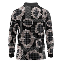 Hawaiian Leis Long Sleeve Polo Shirt Kakau Tattoos and Palaka Pastel Grayscale LT03 - Polynesian Pride