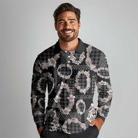 Hawaiian Leis Long Sleeve Polo Shirt Kakau Tattoos and Palaka Pastel Grayscale LT03 - Polynesian Pride