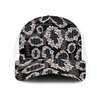 Hawaiian Leis Mesh Trucker Cap Kakau Tattoos and Palaka Pastel Grayscale LT03 One Size White Black - Polynesian Pride