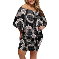 Hawaiian Leis Off Shoulder Short Dress Kakau Tattoos and Palaka Pastel Grayscale LT03 Women Black - Polynesian Pride