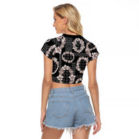 Hawaiian Leis Raglan Cropped T Shirt Kakau Tattoos and Palaka Pastel Grayscale LT03 - Polynesian Pride