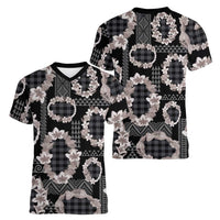 Hawaiian Leis Women V-Neck T-Shirt Kakau Tattoos and Palaka Pastel Grayscale LT03 - Polynesian Pride
