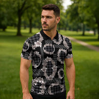 Hawaiian Leis Zipper Polo Shirt Kakau Tattoos and Palaka Pastel Grayscale LT03 - Polynesian Pride