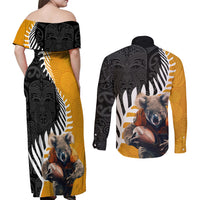 New Zealand and Australia Rugby Couples Matching Off Shoulder Maxi Dress and Long Sleeve Button Shirt Koala and Maori Warrior Together