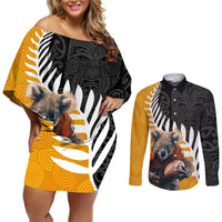 New Zealand and Australia Rugby Couples Matching Off Shoulder Short Dress and Long Sleeve Button Shirt Koala and Maori Warrior Together LT03 Black - Polynesian Pride