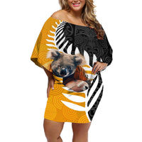 New Zealand and Australia Rugby Off Shoulder Short Dress Koala and Maori Warrior Together LT03 Women Black - Polynesian Pride