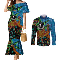 Fiji and Australia Couples Matching Mermaid Dress and Long Sleeve Button Shirt Palm Tree and Abogirinal Emu LT03 Blue - Polynesian Pride