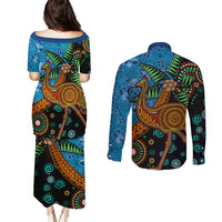 Fiji and Australia Couples Matching Puletasi and Long Sleeve Button Shirt Palm Tree and Abogirinal Emu LT03 - Polynesian Pride
