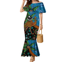 Fiji and Australia Mermaid Dress Palm Tree and Abogirinal Emu LT03 Women Blue - Polynesian Pride