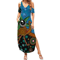 Fiji and Australia Summer Maxi Dress Palm Tree and Abogirinal Emu LT03 Women Blue - Polynesian Pride