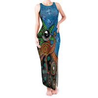 Fiji and Australia Tank Maxi Dress Palm Tree and Abogirinal Emu LT03 Women Blue - Polynesian Pride