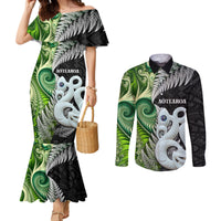 New Zealand Koru Natural Couples Matching Mermaid Dress and Long Sleeve Button Shirt Manaia and Silver Fern Maori Pattern