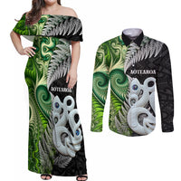 New Zealand Koru Natural Couples Matching Off Shoulder Maxi Dress and Long Sleeve Button Shirt Manaia and Silver Fern Maori Pattern