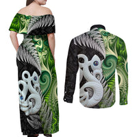 New Zealand Koru Natural Couples Matching Off Shoulder Maxi Dress and Long Sleeve Button Shirt Manaia and Silver Fern Maori Pattern
