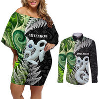 New Zealand Koru Natural Couples Matching Off Shoulder Short Dress and Long Sleeve Button Shirt Manaia and Silver Fern Maori Pattern