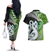 New Zealand Koru Natural Couples Matching Off The Shoulder Long Sleeve Dress and Hawaiian Shirt Manaia and Silver Fern Maori Pattern