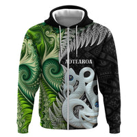 New Zealand Koru Natural Zip Hoodie Manaia and Silver Fern Maori Pattern