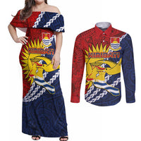 Kiribati Independence Day Couples Matching Off Shoulder Maxi Dress and Long Sleeve Button Shirt Polynesian and Melanesian Art Tattoo