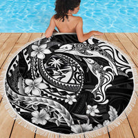 Guam Dolphins Tribal Tattoo Beach Blanket Polynesian Art and Tropical Flower Grayscale