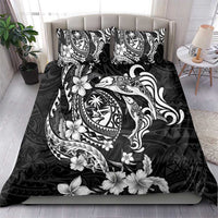 Guam Dolphins Tribal Tattoo Bedding Set Polynesian Art and Tropical Flower Grayscale