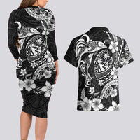 Guam Dolphins Tribal Tattoo Couples Matching Long Sleeve Bodycon Dress and Hawaiian Shirt Polynesian Art and Tropical Flower Grayscale