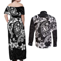 Guam Dolphins Tribal Tattoo Couples Matching Off Shoulder Maxi Dress and Long Sleeve Button Shirt Polynesian Art and Tropical Flower Grayscale