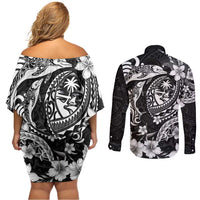 Guam Dolphins Tribal Tattoo Couples Matching Off Shoulder Short Dress and Long Sleeve Button Shirt Polynesian Art and Tropical Flower Grayscale
