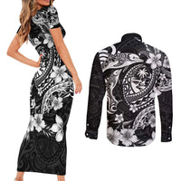 Guam Dolphins Tribal Tattoo Couples Matching Short Sleeve Bodycon Dress and Long Sleeve Button Shirt Polynesian Art and Tropical Flower Grayscale