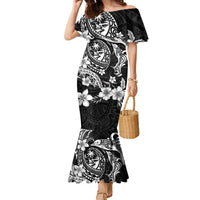 Guam Dolphins Tribal Tattoo Family Matching Mermaid Dress and Hawaiian Shirt Polynesian Art and Tropical Flower Grayscale