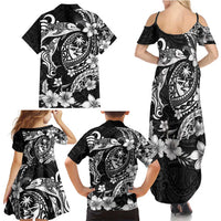 Guam Dolphins Tribal Tattoo Family Matching Summer Maxi Dress and Hawaiian Shirt Polynesian Art and Tropical Flower Grayscale