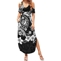 Guam Dolphins Tribal Tattoo Family Matching Summer Maxi Dress and Hawaiian Shirt Polynesian Art and Tropical Flower Grayscale