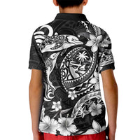 Guam Dolphins Tribal Tattoo Kid Polo Shirt Polynesian Art and Tropical Flower Grayscale LT03 - Polynesian Pride