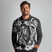 Guam Dolphins Tribal Tattoo Long Sleeve Polo Shirt Polynesian Art and Tropical Flower Grayscale